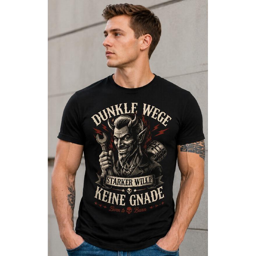 Men's Black Short Sleeve Crew Neck T-Shirt with Devil Mechanic Graphic Print, Soft Cotton Blend for Casual Daily Wear or Garage Enthusiast Style