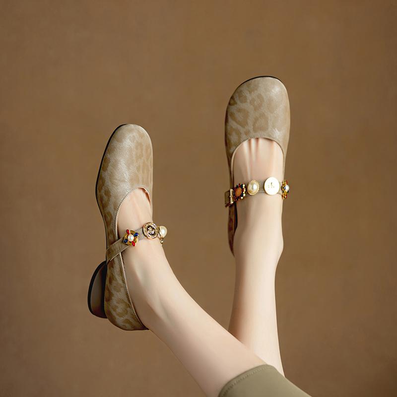 Krazing Pot Stain Sheep Skin Summer Size 40 Mary Janes Low Heels Gray Color Leopard Prints Round Toe Elegant Shallow Pumps