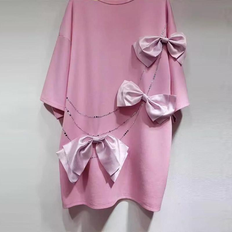 3D Bowknot Solid Cotton T-shirt Women Sweet Rhinestone O-neck Short Sleeve Shirts Female New Spring Fashion Design Tops
