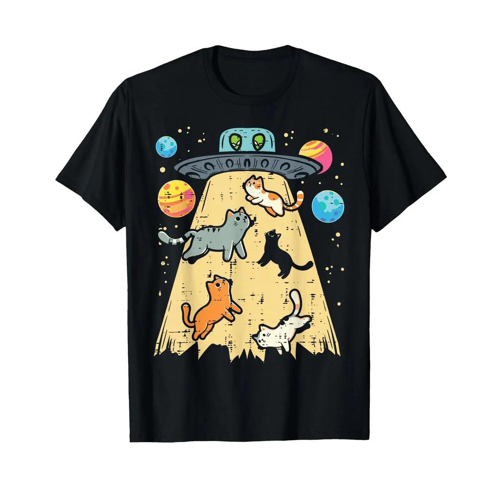 Alien Abduction Cats Ufo Flying Saucer Space Unisex Girls Kid T Shirt Vintage Homme Breathable Slightly Stretched Stylish
