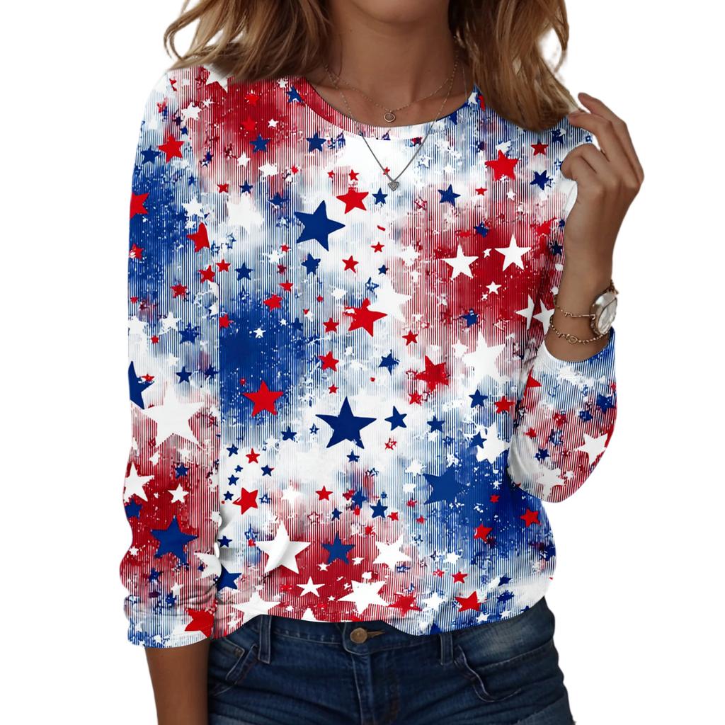 Women's Fashionable Casual Long-Sleeved Independence Day Print Neck Top