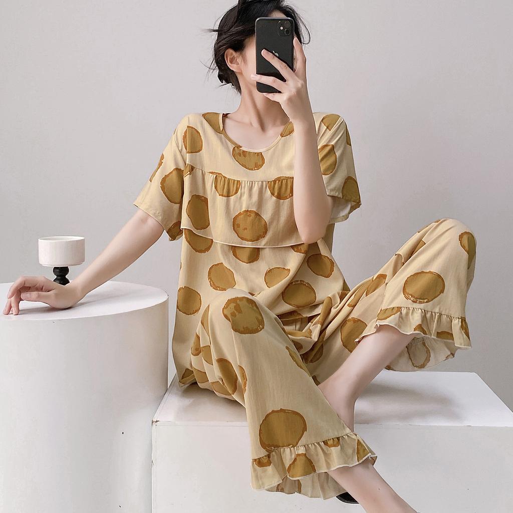Short-sleeved Trousers Cotton and Silk Pajamas Women's Summer Thin Suit Japanese Sweet Anti-bumps Can Be Worn Outside Cotton Silk Loungewear