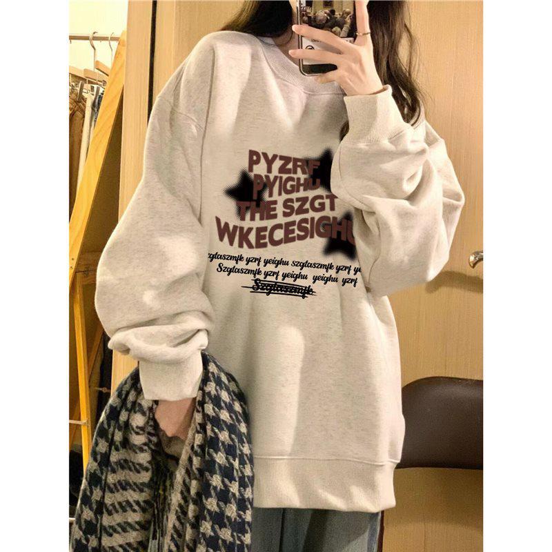 Women's Heavyweight Crewneck Sweatshirt, Petite Fit, Retro Style, Hoodless, White/Gray, Suitable for Spring, Autumn, and Winter.