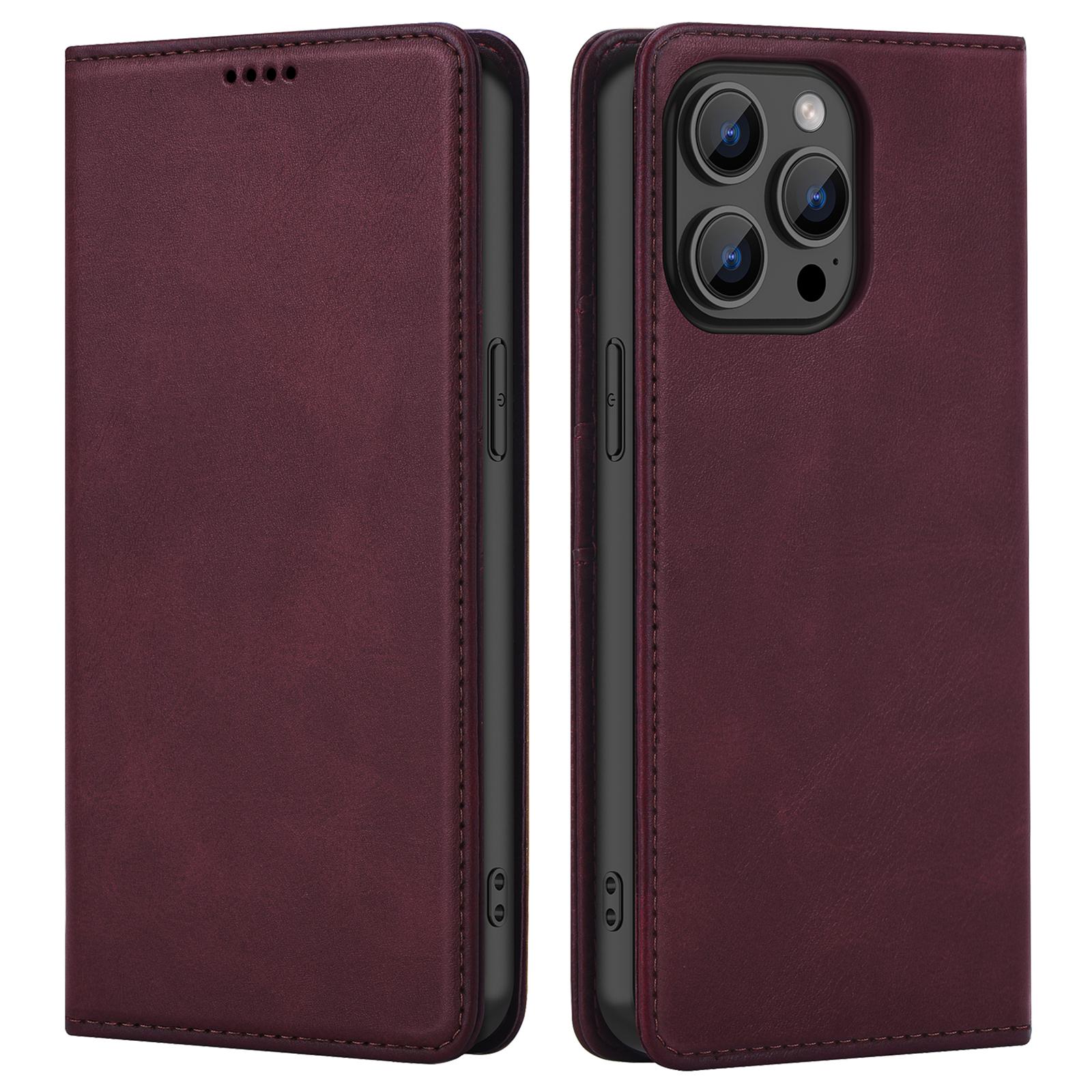 

For iPhone 15 Pro Max Case RFID Blocking Wallet PU Leather Flip Phone Cover Wine Red