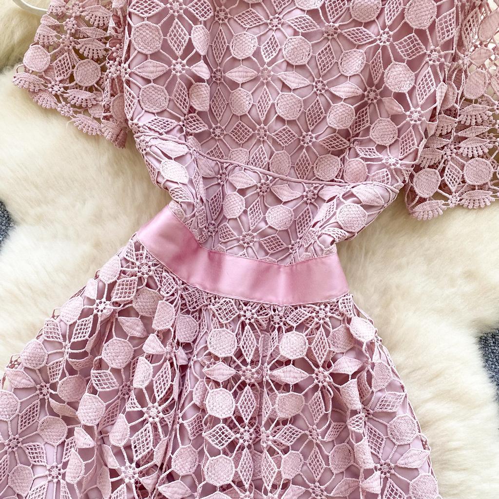 Summer Women Short Sleeve Square Collar Embroidery Lace Long Midi Party Dresses