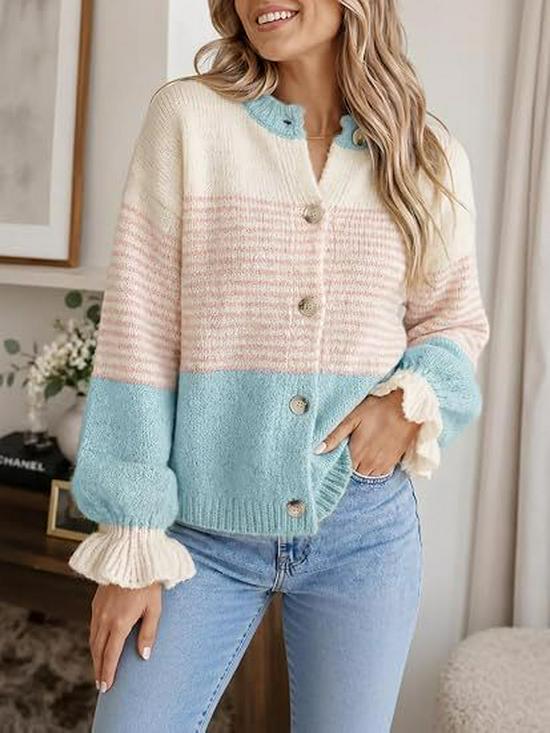 2026 European and American Color Block Striped Knit Cardigan for Women - Loose, Lazy Style Sweater Coat for Autumn/Winter