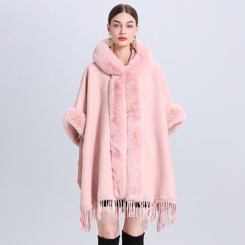 869# Women's Plaid Fleece-Lined Knitted Shawl Cape with Thick Fur Collar