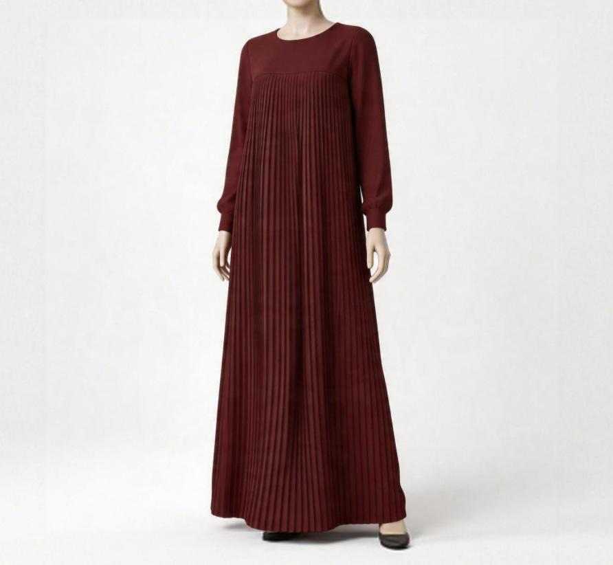 Women's Elegant Black Ice Silk Long Sleeve Pleated Dress