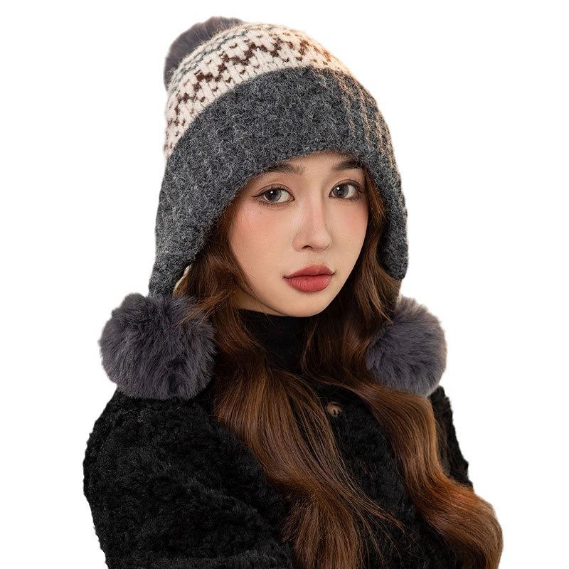Mode Farbabstimmung Pompon Ohrenschutz Warme Mütze Damen Winter Radfahren Fleece Kälteschutz Wollmütze Tide
