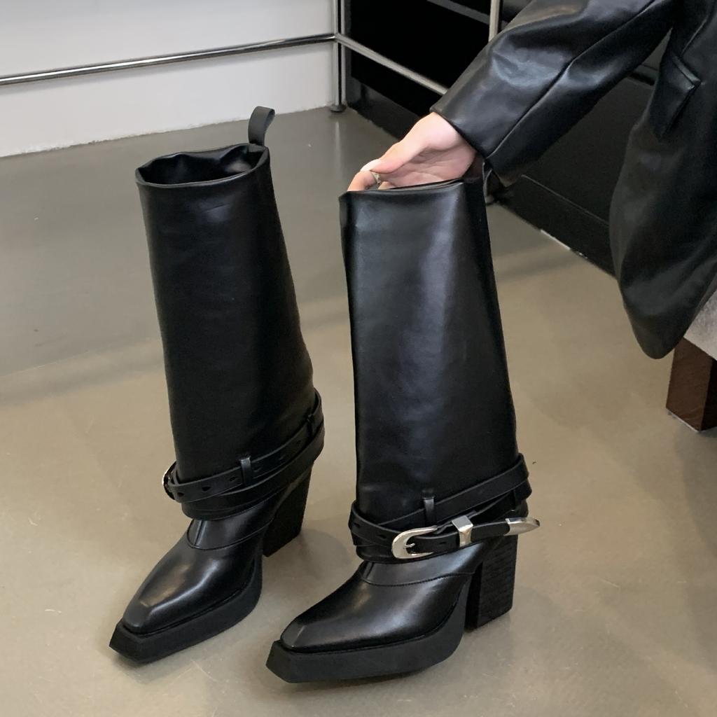 European and American retro western cowboy thick heel black long boots niche Spice girl square head boots belt buckle pants boots