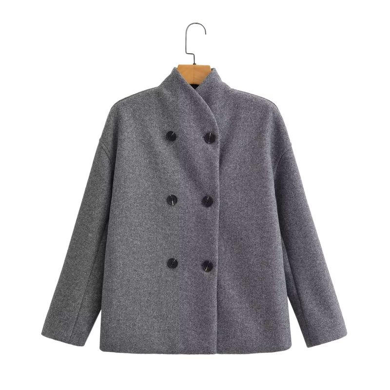 

Kaslead New Arrival Women s Clothing Fashion Style Stylish Simple and Versatile Double Row Ornament Two-Tone Woolen Coat Dark gray L