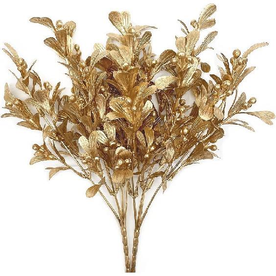 PASYOU Fake Leaves Plants for Christmas Decor, Gold Artificial Shrubs Grass Foliage Plastic Bulk Leaf Indoor Outdoor Home Garden Party Hotel Verandah