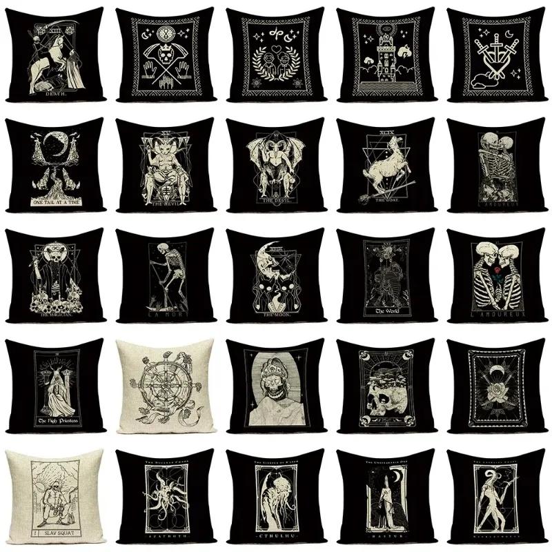 Horror Tarot Cushions Cover Bone Stand Decorative Cushioncovers Print Linen Pillows Black And White Portrait Pillows Cases Cojin