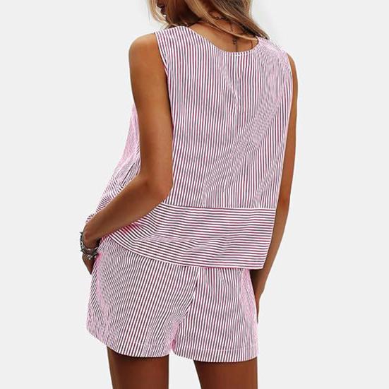Γυναικεία καλοκαιρινά 2 τεμάχια, σετ αμάνικα σορτς με φανελάκι, casual ριγέ φόρμα, σετ για διακοπές και παραλία, ασορτί σετ