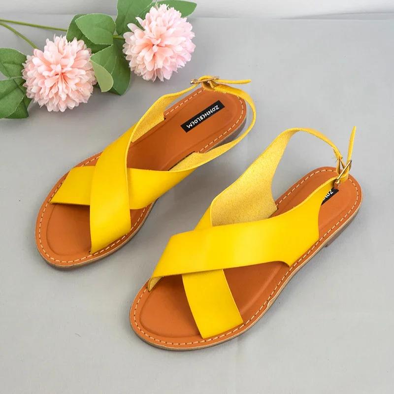 Fashion Women's Sandals Leather Ladies Shoes Summer Fashion Design Flat Bottom Cross Buckle Open Toe Large Size 37-41 Sapatos Femininos
