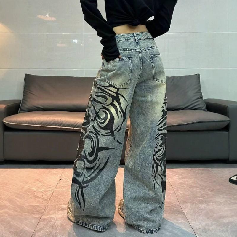Pantalones Vaqueros Anchos Estampados de Mujer de Talle Alto Streetwear Ajuste Holgado Pantalones Largos