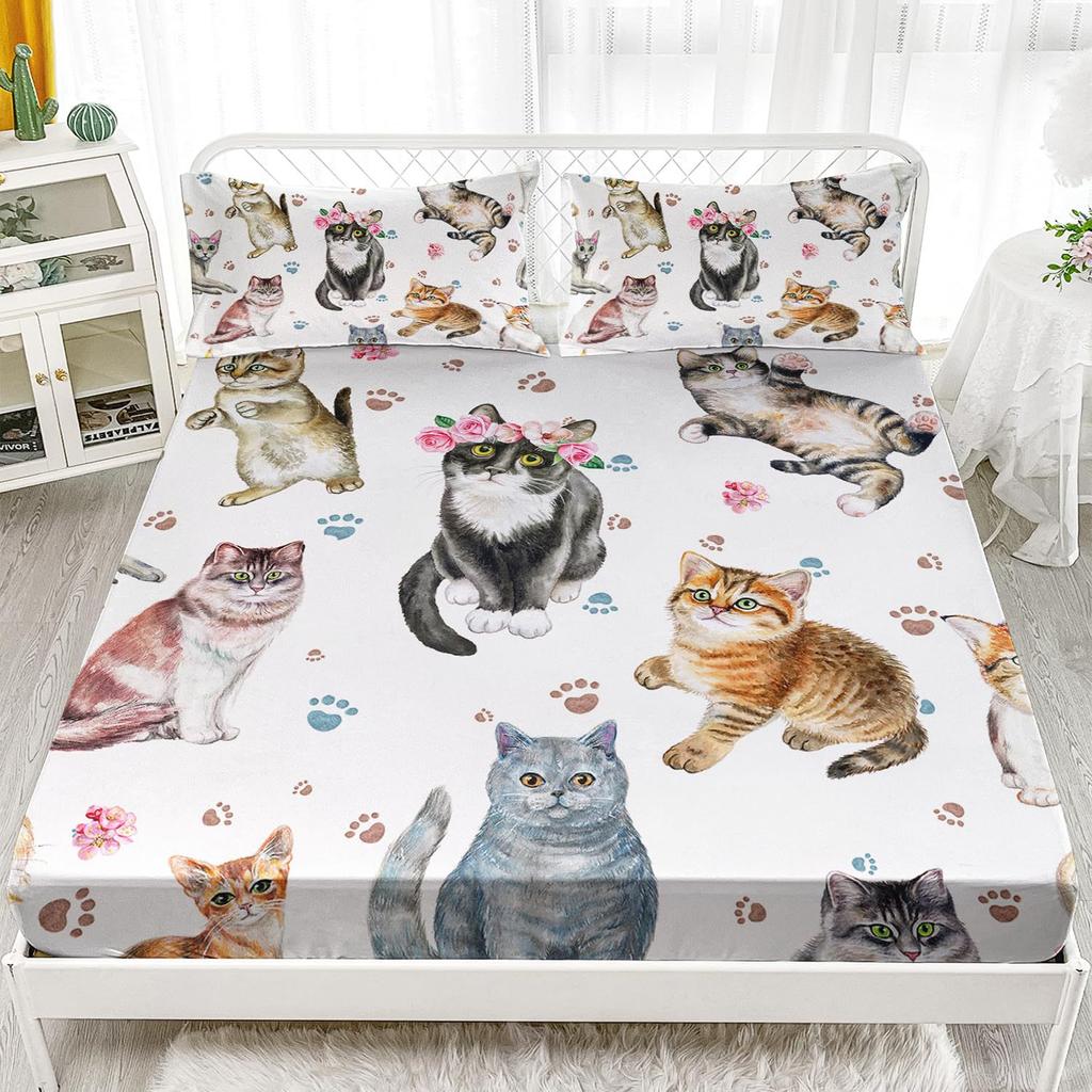 Cute Cat Pattern Mattress Three-Piece Digital Printing Mattress Bedding Set Adult Children