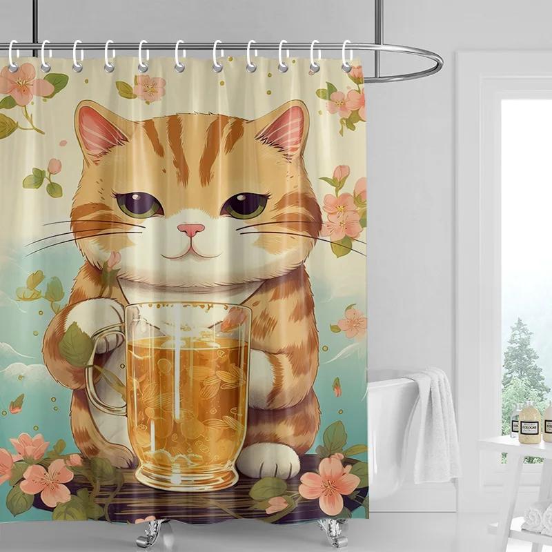 Cat Forest Shower Curtain Waterproof Fabric Mildew Resistant Bathroom Curtain Ins Wind Cute Bathroom Curtains