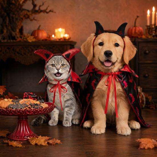 1 Set Gothic Devil Pet Clothes, Adjustable Devil Horn Headband Bat Print Cloak, Halloween Dog Devil Costume Set for Cats Dogs Party Outfit Cosplay