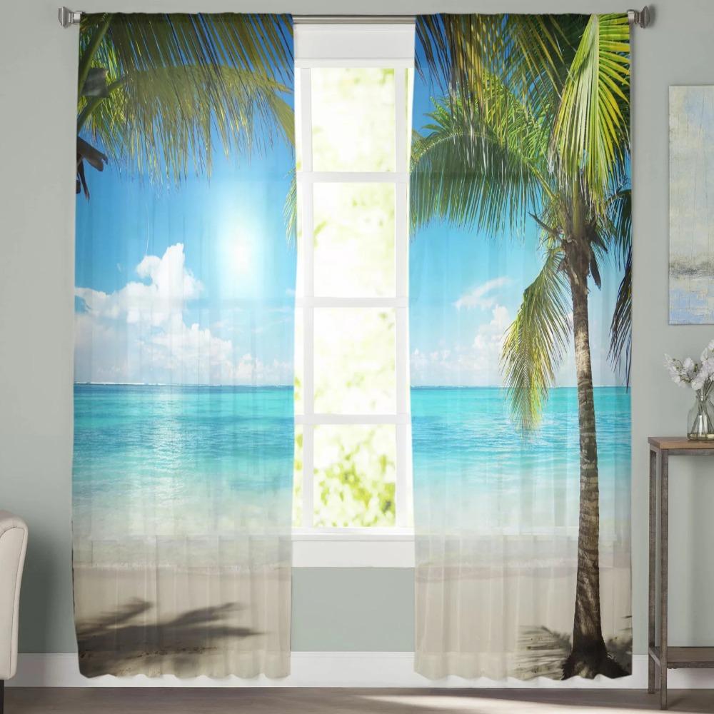Beach Sky Clouds Coconut Trees Sea Landscape Curtains Tulle For Living Room Bedroom Kitchen Chiffon Sheer Window Treatment Decor