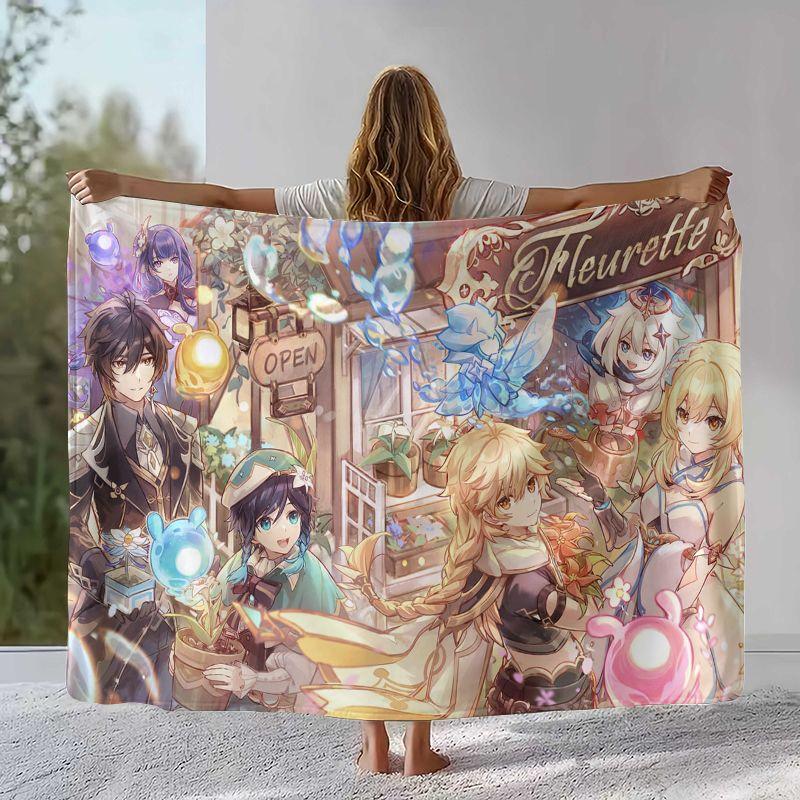 Classic Game Genshin Impact Cartoon Flannel Blanket,Ultra Soft Warm Plush Throw for Home Bedroom Bed Sofa Cover Office Camping