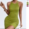 Wind Sleeveless Crew Neck Pleated Elastic Slim Fit Hip Wrap Vest Skirt, Vacation Dress Women