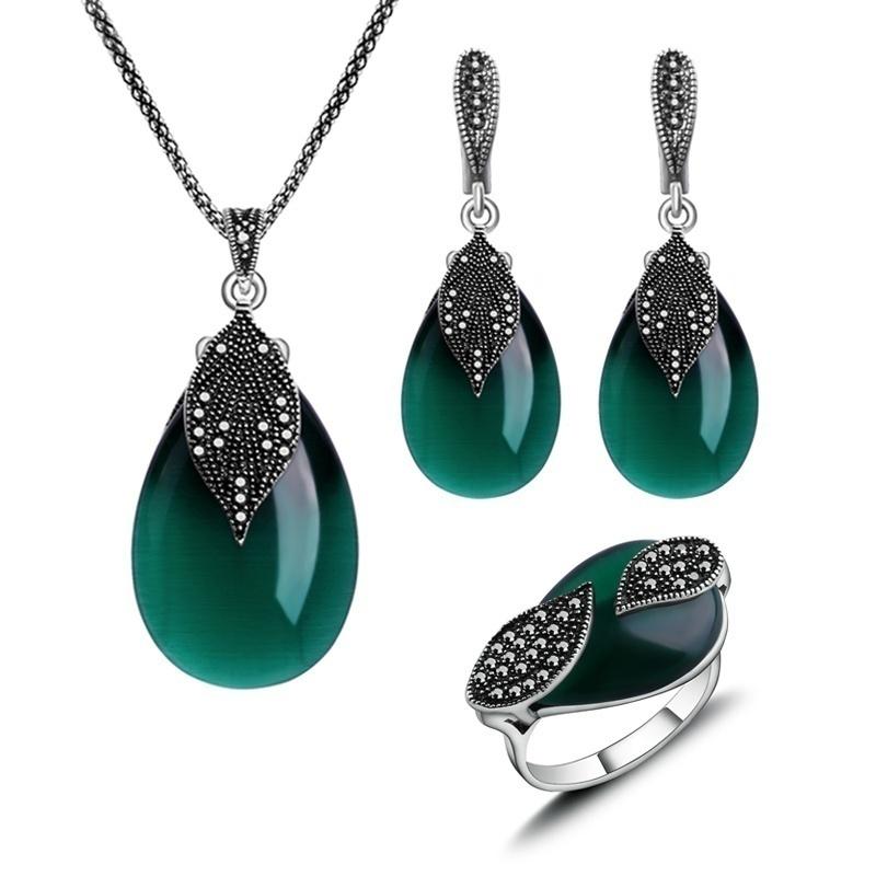 Vintage Women Jewelry Set Necklace Earring Ring Set Leaf Water Drop Necklace Earring Set Necklace Earring Ring Jewelry Sets Women Jewelry Sets ARI