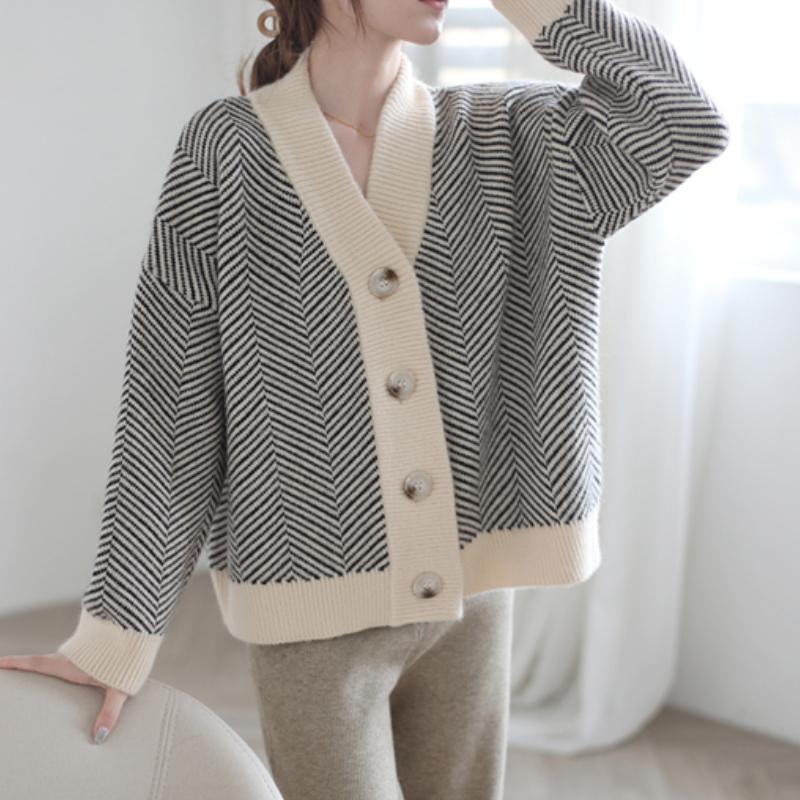 Chic Retro Knitted Cardigan Women's Sweater Striped Long Sleeve Loose Women Sweaters Jacket Outerwear Lazy Style Elegant Button Knitwear Coats 25453