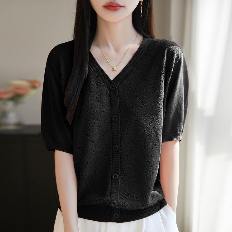 2025 V-neck Tencel Women's Casual Slimming Short-sleeved Top