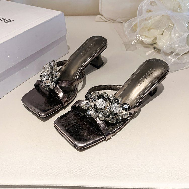 French Fairy Wind Open-toed Sandals Female 2025 Summer New Fashion Rhinestone Flower Thin Heel Outer Wear Temperament High Heels