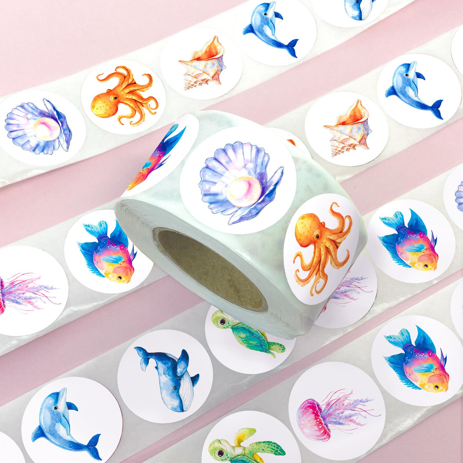 

500 Sheets/Roll Eight Patterns Circular Underwater Animals Roll Stickers Cartoon Fish Children S Handmade Stickers