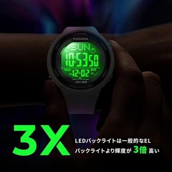PINDOWS womens digital sports watch 30m waterproof LED backlight wristwatch 3 types alarms stopwatch countdown timer calendar support active