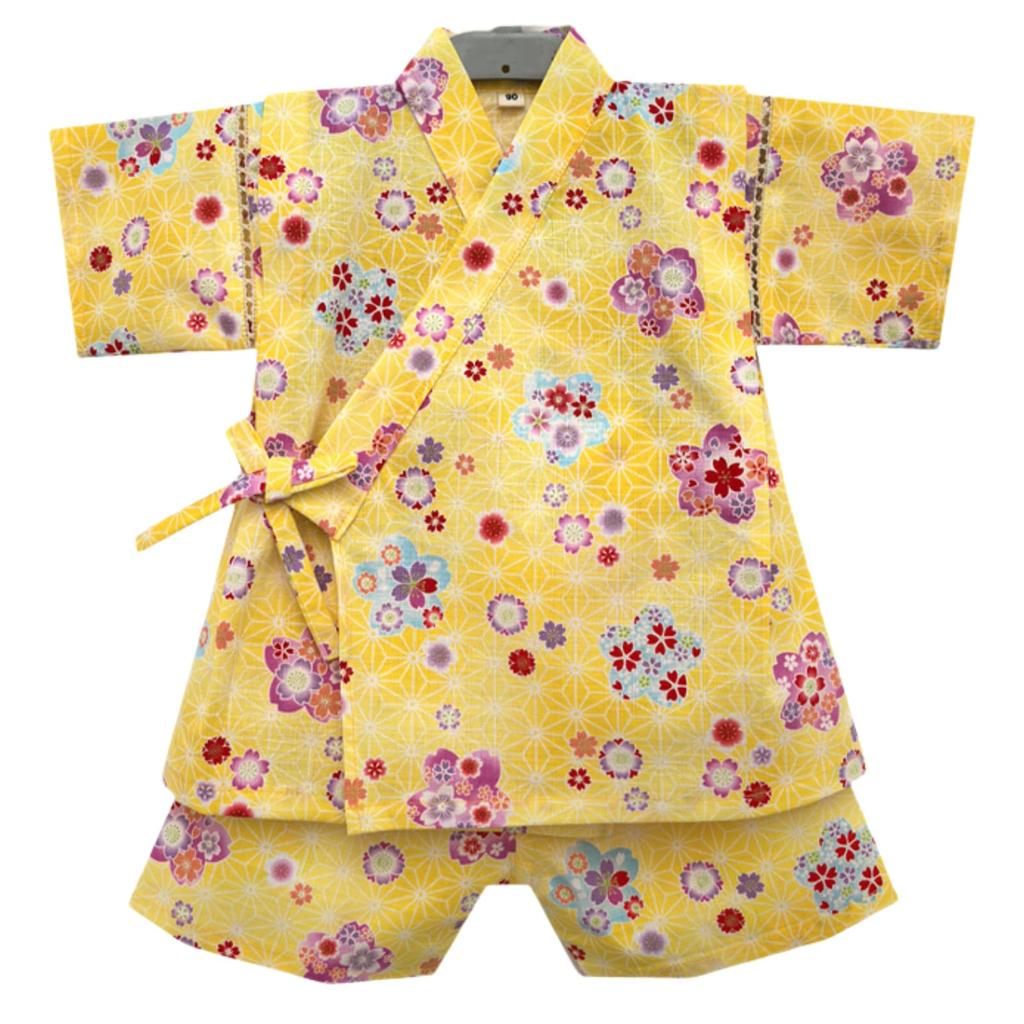 COSSA Jinbei Suit for Sizes and Short Made in Suitable for Fireworks and Elastic Hemp Leaf Pattern Size Girls, Kids, 110, 120, 130, 140, 150, Sleeve,