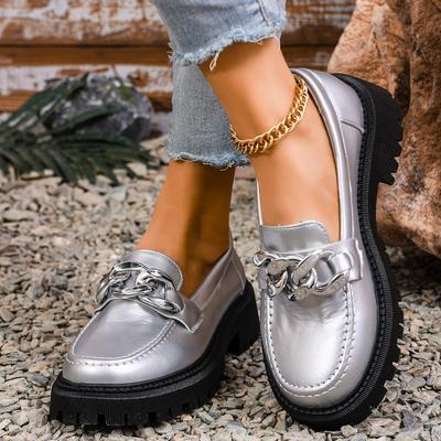 Fashion Women's Thick Heel Shoes Autumn New Round Head Deep Mouth Metal Chain Thick Sole Anti-slip Wear-resistant Low-top Shoes