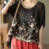 Womens Casual Floral Bird Print Round Neck Batwing Sleeve Linen Blouse