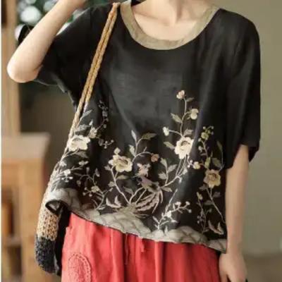 Womens Casual Floral Bird Print Round Neck Batwing Sleeve Linen Blouse