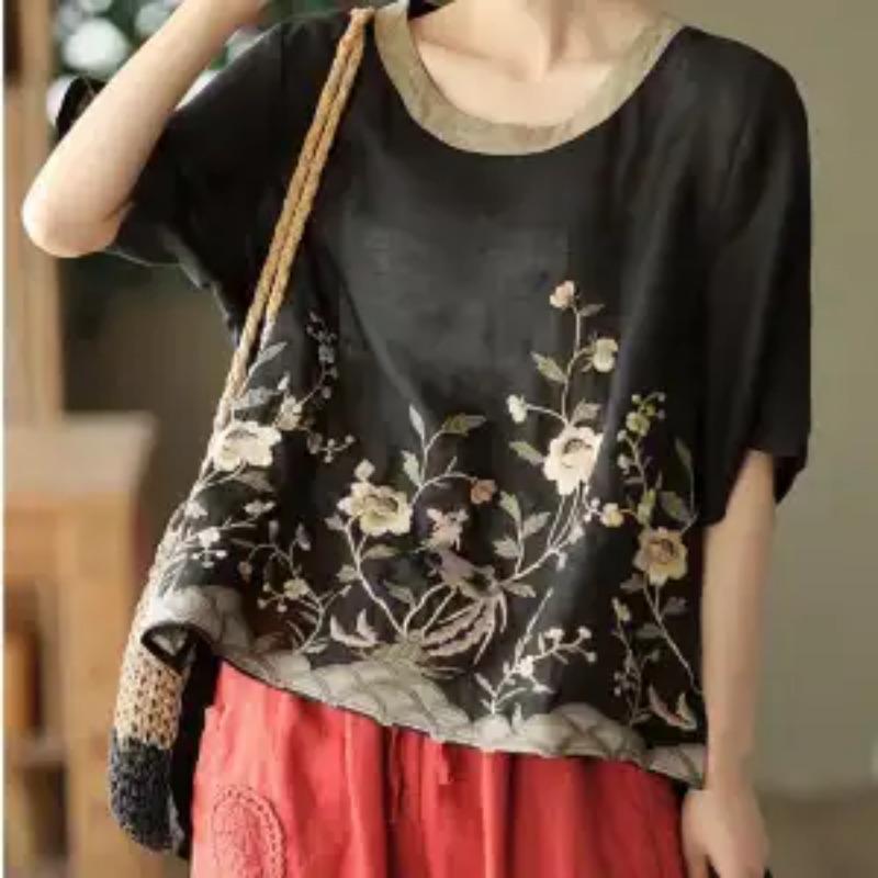 Womens Casual Floral Bird Print Round Neck Batwing Sleeve Linen Blouse M чёрный