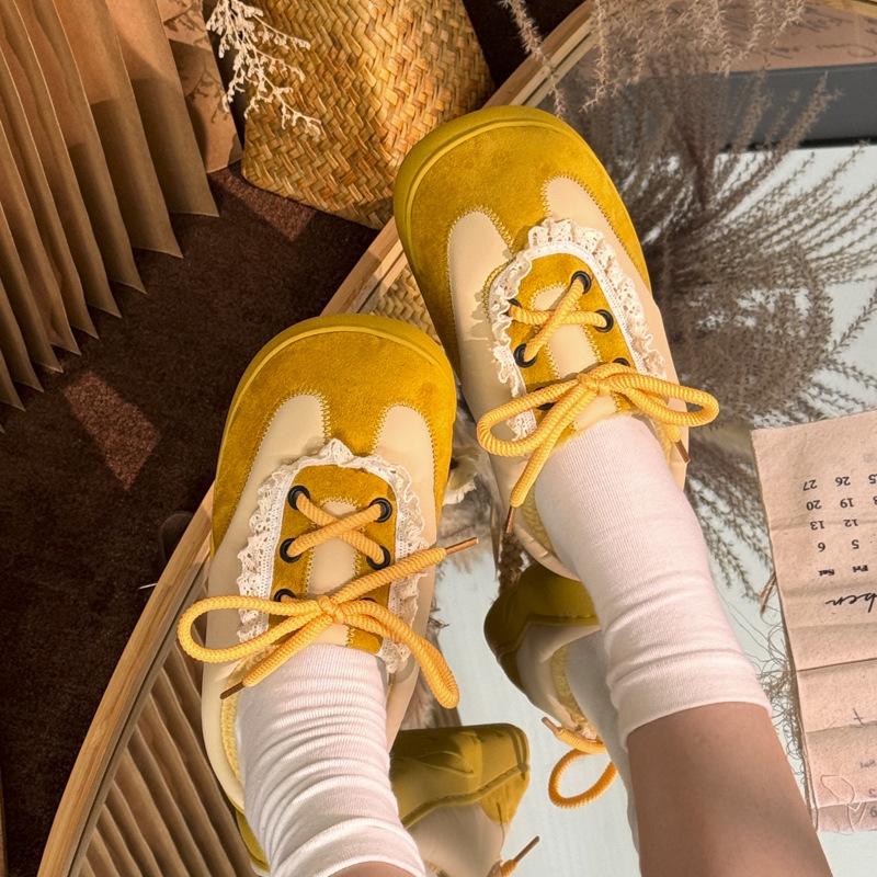 Mingsheng 2025 new autumn and winter retro casual cotton shoes lace-up thick-soled flat-bottomed velvet cotton shoes to wear ins style