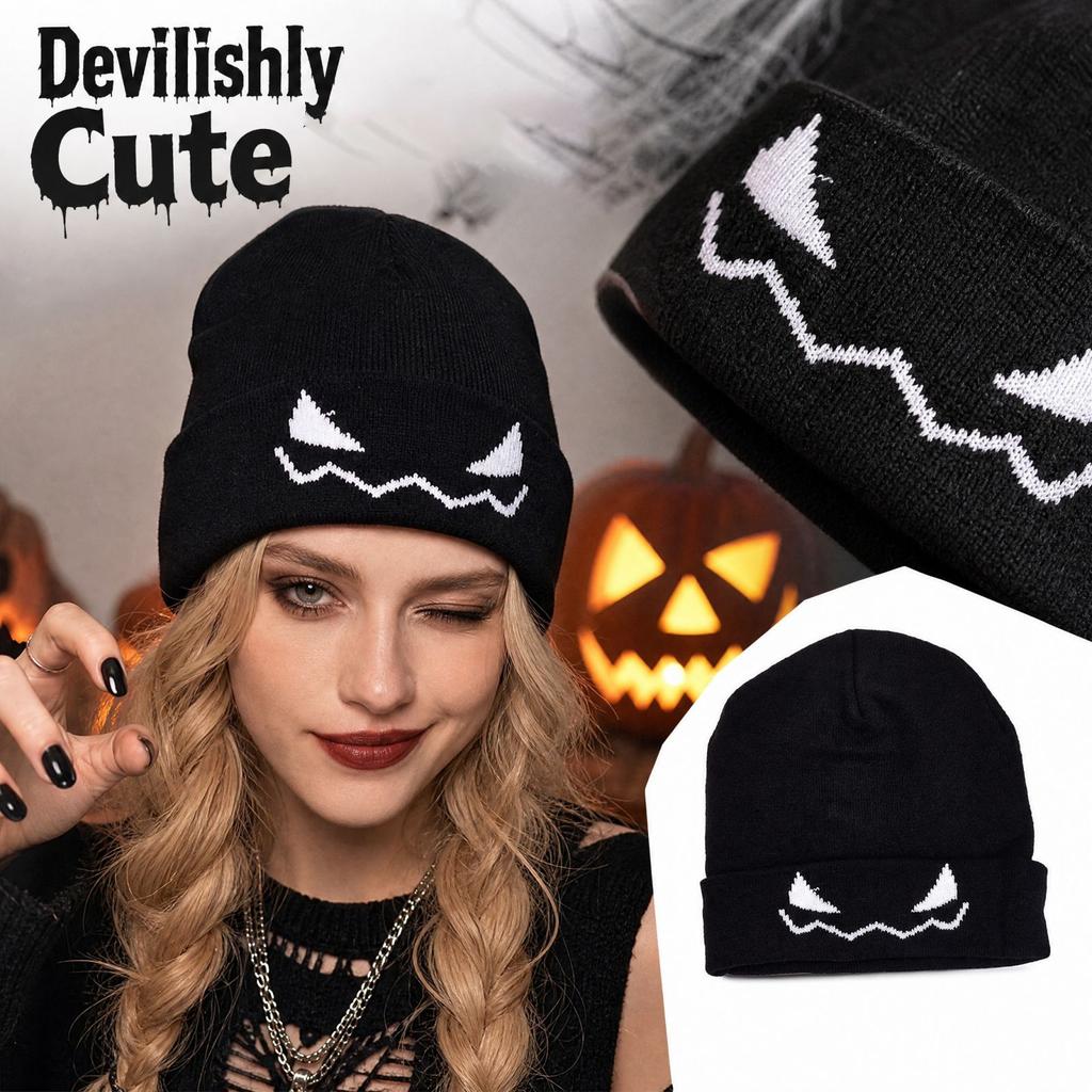 Halloween Knit Hat with Pumpkin and Devil Embroidery, Cute Trendy Winter for Women and Men