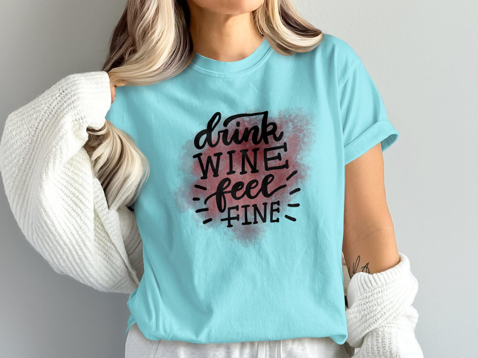 Drink Wine Feel Fine T-Shirt, Funny Wine Lover Graphic Tee, Watercolor Humor Shirt S