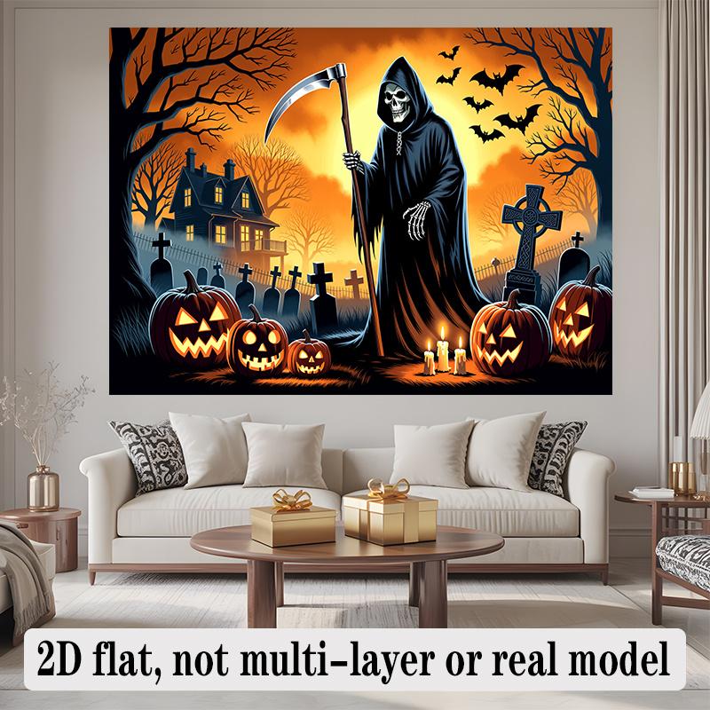 Party Backdrop Halloween Flat Banners Spooky Pumpkins Grim Reaper Ghostly House Celebration Photo Booth Front Door Decor