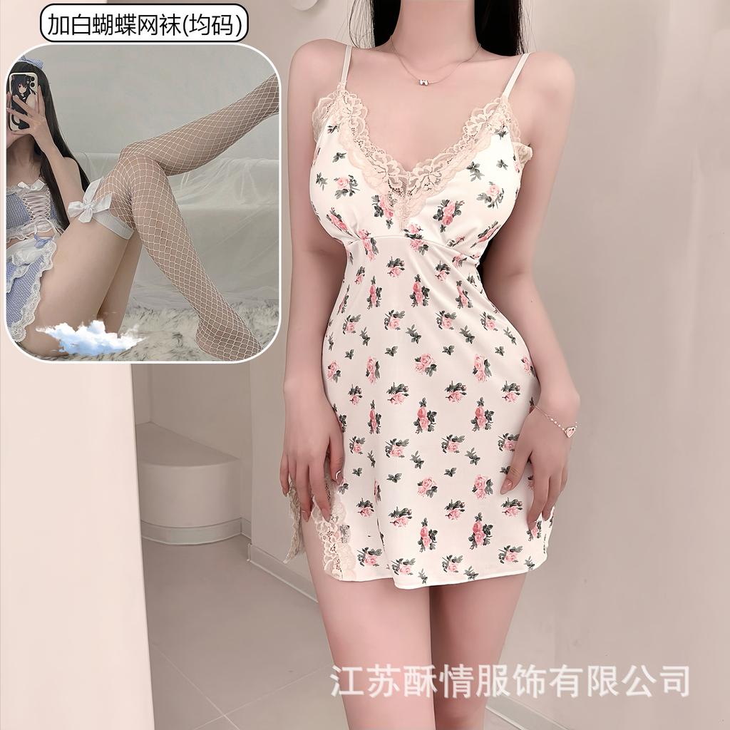 Crispy love bag chest lace pad pure hip suspender pajamas smashed flower sexy small chest pajamas color fresh wind short skirt