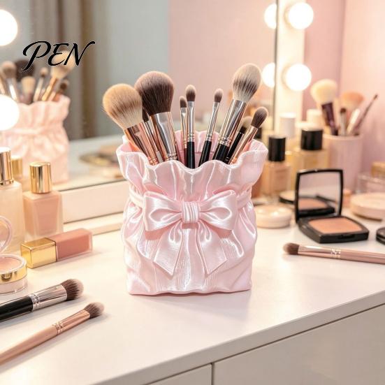 Powder Brush Holder Satin Bow Bag Makeup Holder, 3D Printed Beauty Tool Organizer for Desk, Large Bowknot Pouch Pencil Storage Container Capacity