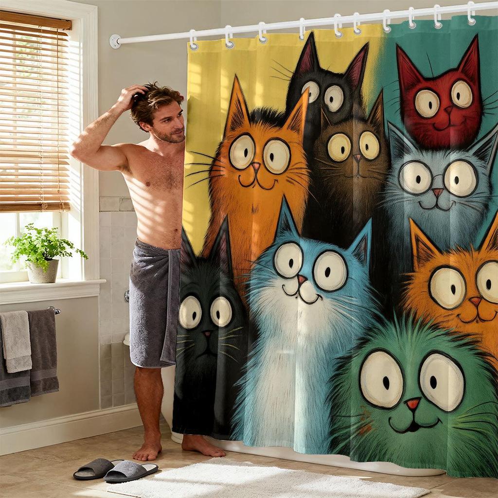 Abstract Frizzy Kitten Waterproof Bathroom Shower Curtain with Hooks