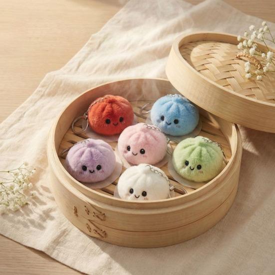 Steamed Bun Pendant Keychain with Smile Face Soft Plush Rabbit Fur Stress Reliever Portable Bag Charm for Kids Adults Skin-Friendly