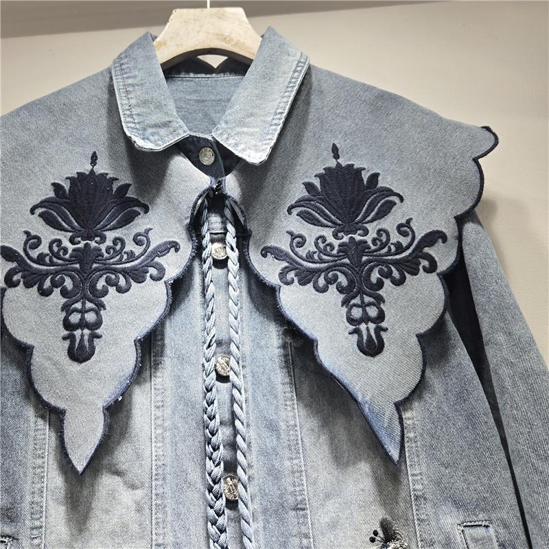 2026 Retro Korean Denim Jacket with Detachable Blue Embroidered Doll Collar Shawl