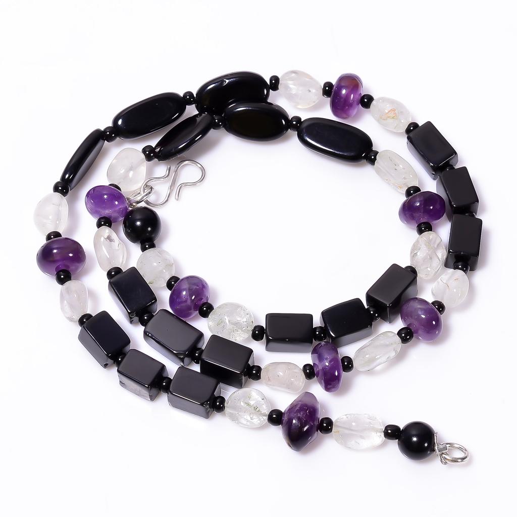 Natural Black Onyx Amethyst Crystal Gemstone Smooth Beads Necklace 7-16 Mm 18" UB-8645