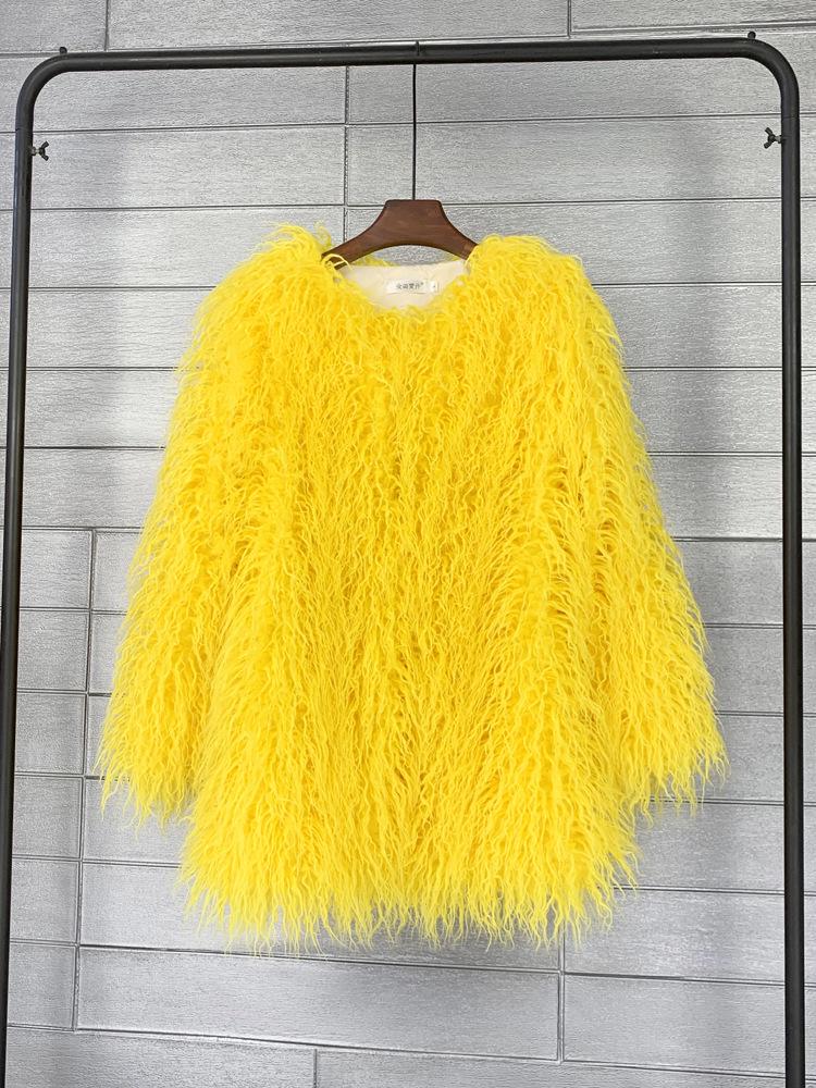 Korean Style Women's Tan Faux Lamb Wool Mid-Length Coat