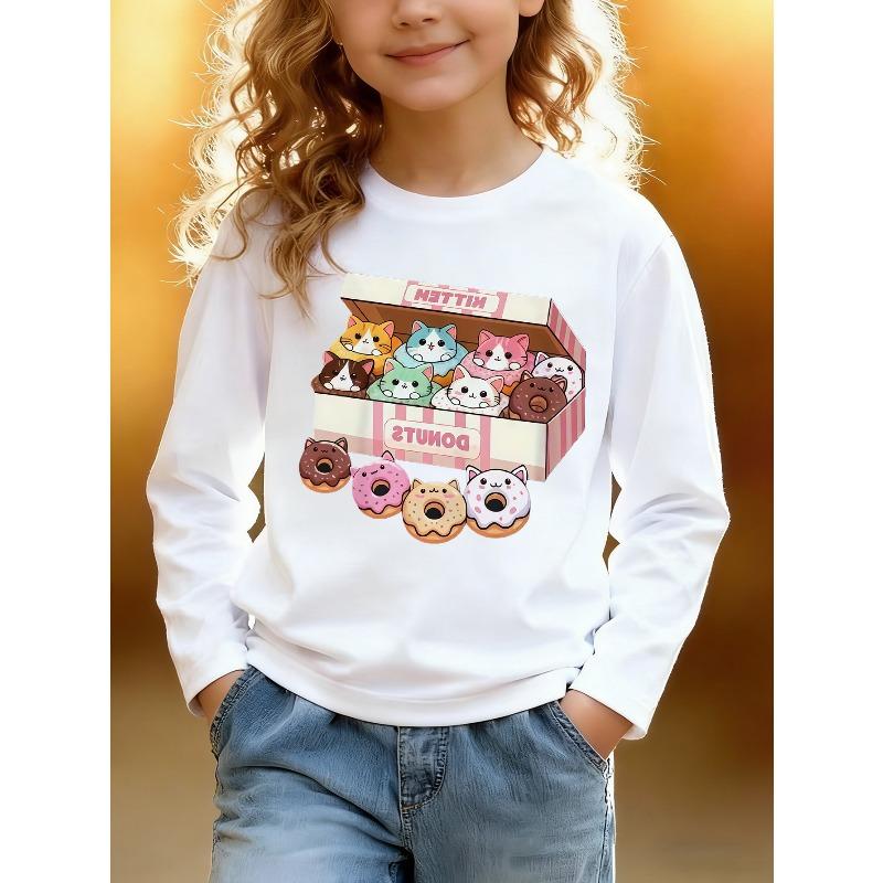 European sizes Kids' Long Sleeve Top, Fashionable Long Sleeve T-Shirt for Kids, Cute Cartoon Cat and Donut Print Top