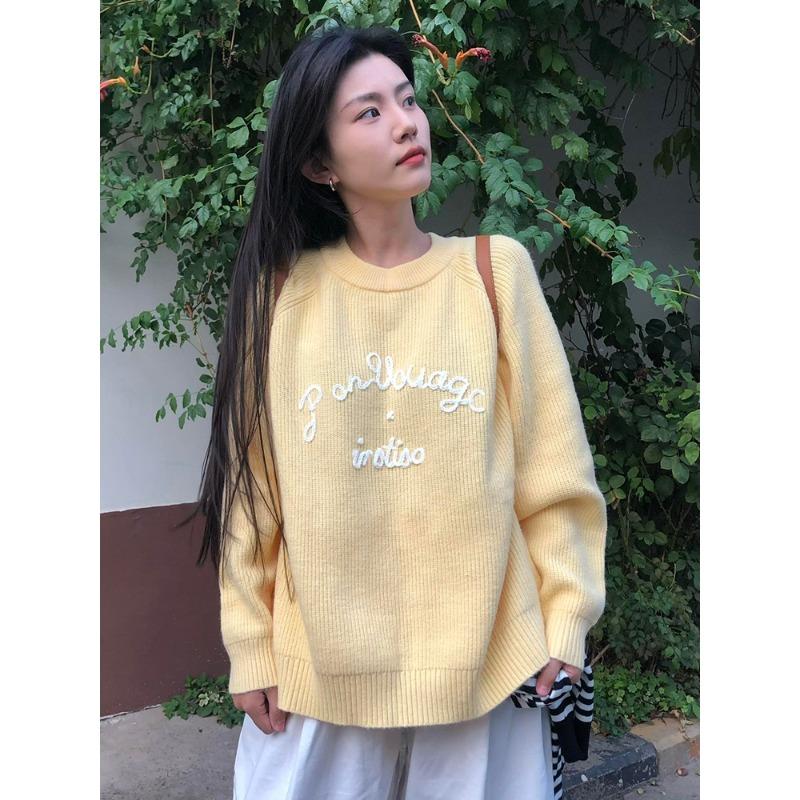 Yellow Letter Women's Sweater Jacquard Round Neck Female Pullover Sweaters Loose Woman Trendy Knitted Autumn Top